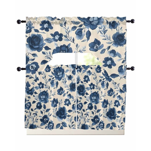 Navy Blue Floral Swag Curtains for Living Room/Bedroom Windows, Spring Retro Botanical Flowers Kitchen Curtains and Valances Set 36 Inch Length, Light Filtering Swags Valance Curtain Panels