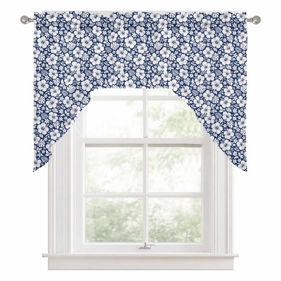 Navy Blue Floral Swag Valance for Windows, Country Exotic Ocean Floral Palm Monstera Leaves Swag Curtains Valances for Small Window Treatment Rod Pocket for Kitchen Bathroom 1 Panel 56x36in