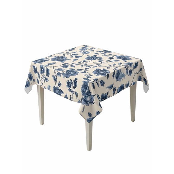 Navy Blue Floral Table Cloth, Waterproof Tablecloth for Square Tables, Spring Vintage Blossom Botanical Reusable Washable Fabric Table Cover for Restaurant Kitchen Dining Tables 54"x54"