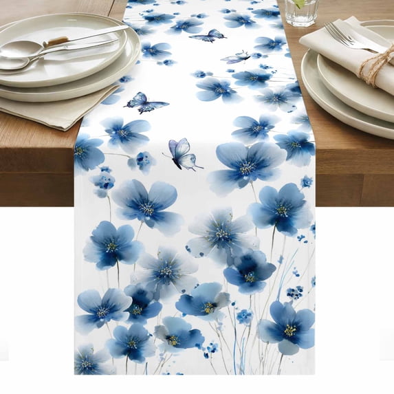 Navy Blue Floral Table Runner - 108 Inch Long, Kitchen Dining Table Runner Dresser Scarves, Spring Flowers Butterflies Watercolor Farmhouse Decor for Coffee Tables Wedding Party Banquet
