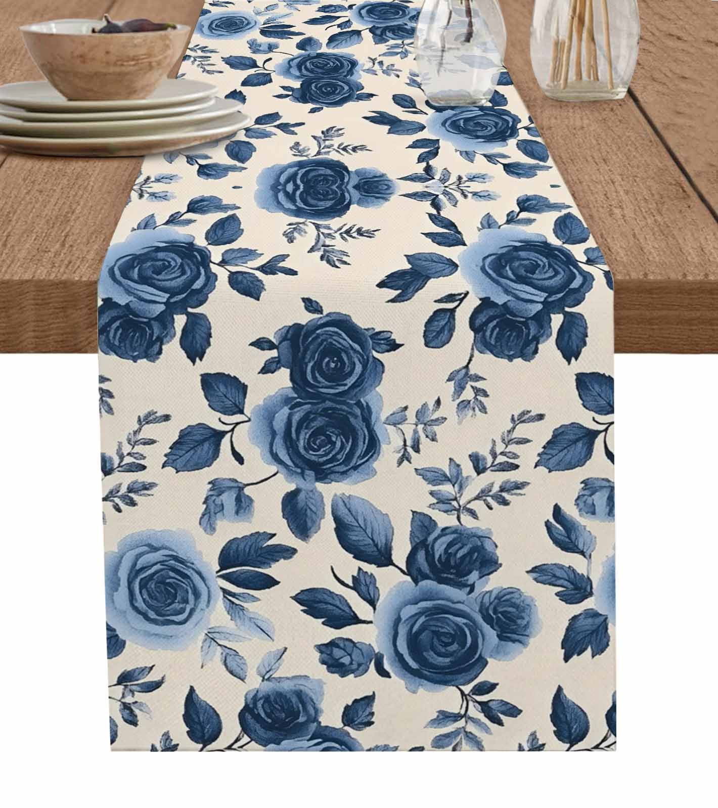 Spring Table Runner 108 Navy Blue Floral Table Runner 108 Inches, Rustic Spring Flower Blossom ...