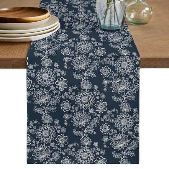 Navy Blue Floral Table Runner 70 Inches Long,Abstract Art Flowers Traditional Cotton Linen Table Runners Dresser Scarves,Decorative Fabric Tabletop Scarf Furniture Cover for Home Dinner Party 13"x70"