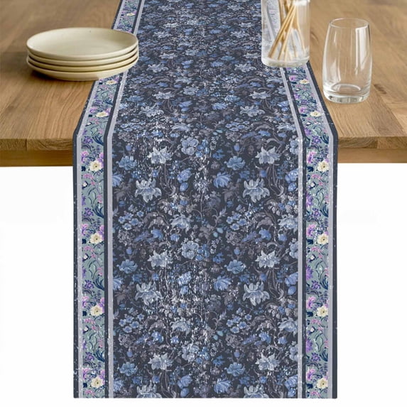 Navy Blue Floral Table Runner - 72 Inch Long Ethnic Tribe Abstract Art Flowers Cotton and Linen Blended Dress Scarves Farmhouse Table Runner for Kitchen Dining, Coffee Table, 13" x 72"
