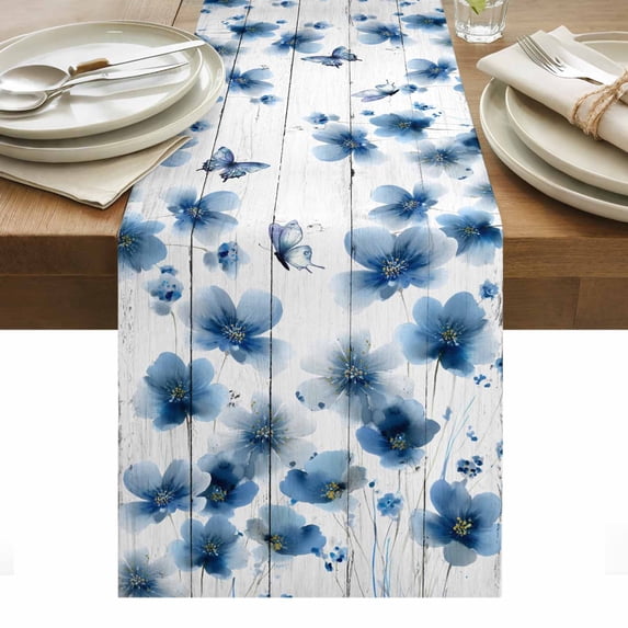 Navy Blue Floral Table Runner - 72 Inch Long, Kitchen Dining Table Runner Dresser Scarves, Spring Flowers Butterflies Wooden Farmhouse Decor for Coffee Tables Wedding Party Banquet