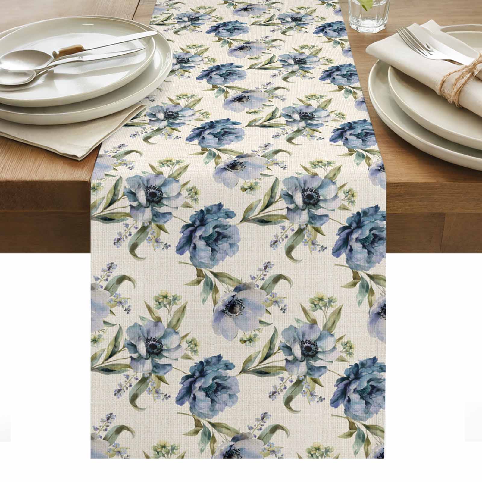 Navy Blue Floral Table Runner - 72 Inch Long, Kitchen Dining Table ...