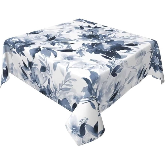 Navy Blue Floral Tablecloth 52x52 Inch Square, Dark Blue and White Flower Tablecloths Tablecloths Polyester Spring Table Cloth for Holiday Parties Kitchen Dining Indoor Outdoor