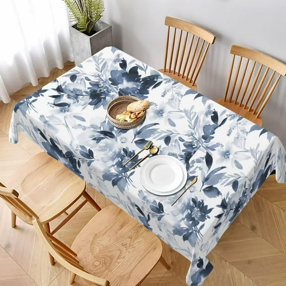 Navy Blue Floral Tablecloth 60 x 84 Inch Rectangle, Dark Blue and White Flower Tablecloths Tablecloths Polyester Spring Table Cloth for Holiday Parties Kitchen Dining Indoor Outdoor