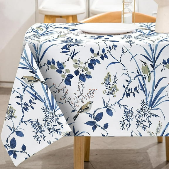 Navy Blue Floral Tablecloth Rectangle Retro Bird Flower Fabric Table Cover Washable Blue Leaves Table Cloth for Home Kitchen Coffee Table Picnic Decoration, 60x102 Inch