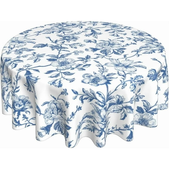 Navy Blue Floral Tablecloth Round 70 Inch Blue Vintage Floral Table Cloth Polyester Fabric Chinoiserie Flowers Farmhouse Table Cover for Kitchen Party Picnic Outdoor Decor