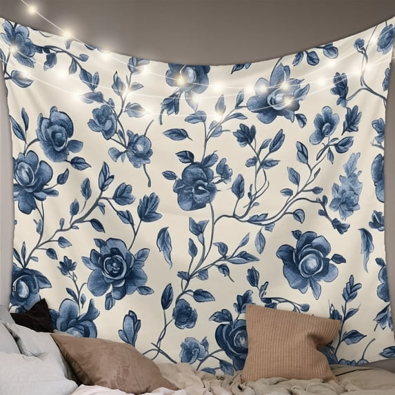 Navy Blue Floral Tapestry for Bedroom Wall Hanging Tapestry, Spring Vintage Blossom Botanical Ceiling Backdrop Tapestries Poster Blanket Wall Decor for Teens Room Living Room Dorm 55" x 73"