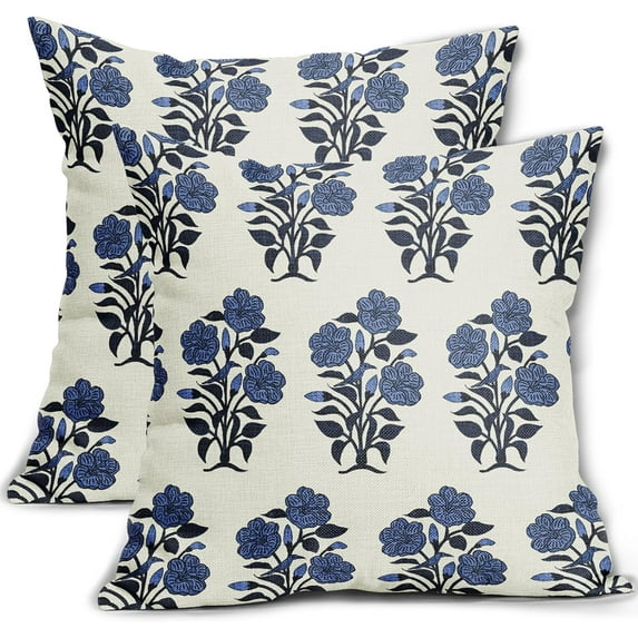 Navy Blue Floral Throw Pillow Covers 18x18 Dark Blue Chinoiserie Flowers Leaves Birds Monsoon Decorative Pillows Outdoor Linen Farmhouse Cushion Case Pillowcase for Sofa Bed Room Decor Set of 2