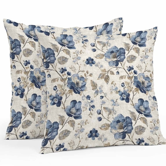 Navy Blue Floral Throw Pillow Covers 26x26 Inch Set of 2, Beige Vintage Farmhouse Botanical Leaves Waterproof Outdoor Pillow Covers, Decorative Cushion Pillowcases for Couch, Sofa, Bed, Garden, Patio