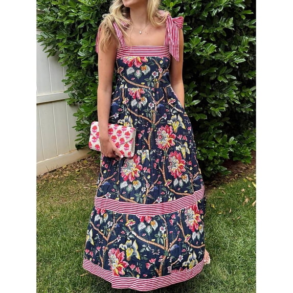 Navy Blue Floral Tie Shoulder Maxi Dress With Red Stripes Square Neck Ruffle Tiered Flowy Sundress