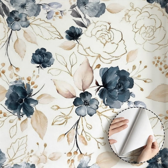Navy Blue Floral Wallpaper Vintage Aesthetic Peel and Stick Waterproof Home Decor for Bedroom Living Room Kitchen Cabinet Drawer Liner, Removable Self Adhesive Wall Decoration 17.7 * 118 in