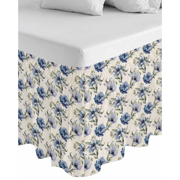 Navy Blue Floral Wrap Around Bed Skirts for California King Bed 18" Drop,Bed Skirt with Adjustable Elastic Belt Dust Ruffle Bed Valance Vintage Flowers Elegant Pastoral Rustic Bed Frame Cover