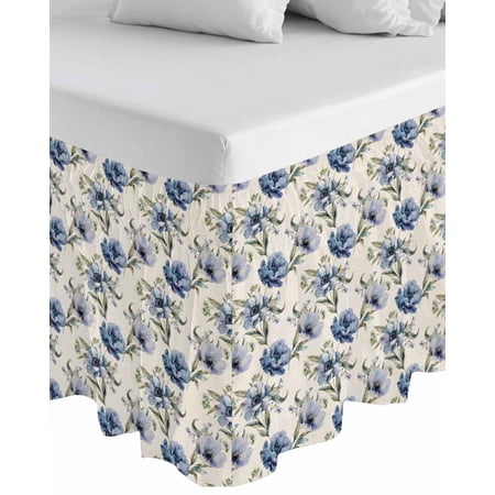 Navy Blue Floral Wrap Around Bed Skirts for Queen Bed 18" Drop,Bed Skirt with Adjustable Elastic Belt Dust Ruffle Bed Valance for Bedroom Hotel Vintage Flowers Elegant Pastoral Rustic Bed Frame Cover