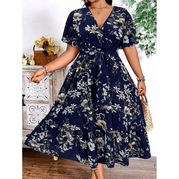 Navy Blue Floral Wrap Dress With V-Neck, Short Sleeves, Tiered Maxi Skirt