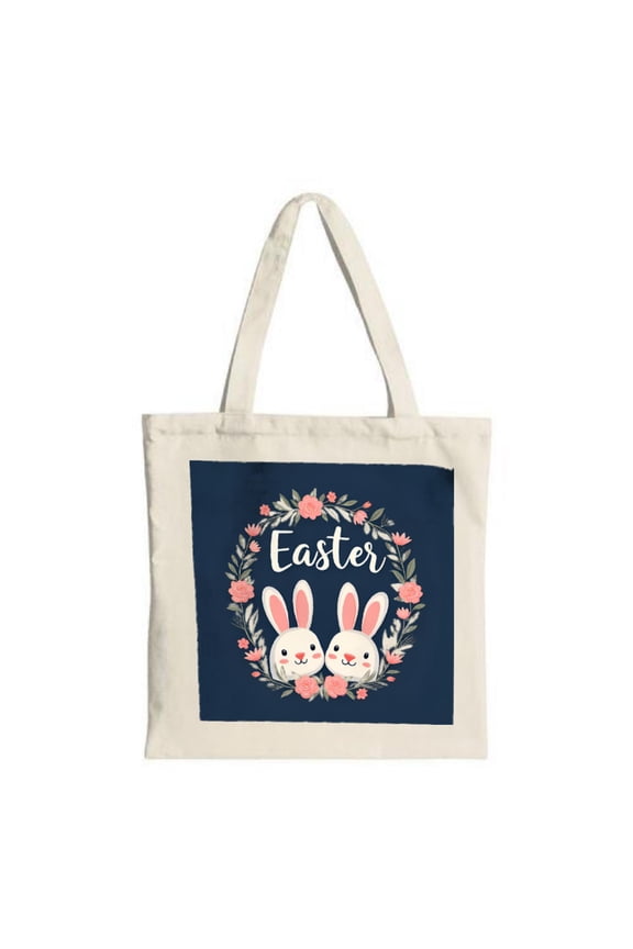 Navy Blue Floral Wreath Tote Bag with Cartoon Rabbits & ' Easter ' Text - Stylish Canvas Bag for Shopping Travel & Parties