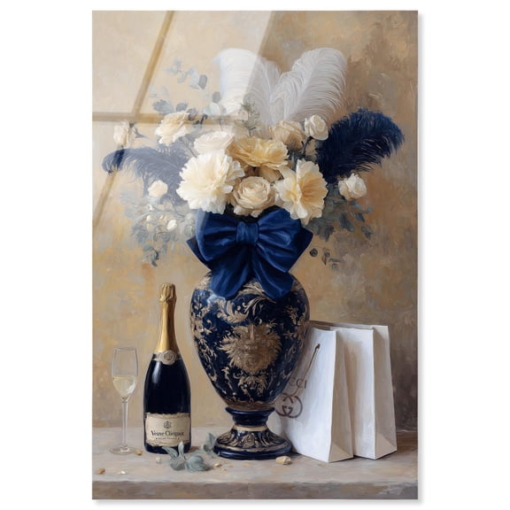 Navy Blue Floral and Feathers Vase Acrylic Print Kitchen Wall Decor by Art Remedy, Ready to Hang, 30 x 45
