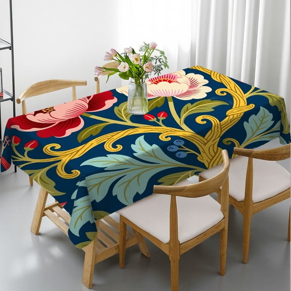 Navy Blue Flower Botanical Tablecloths rectangle tables,  Holiday-Themed Design - Kitchen Accessories Rectangular Tablecloth, Cafe, dinner,picnic, wedding, party