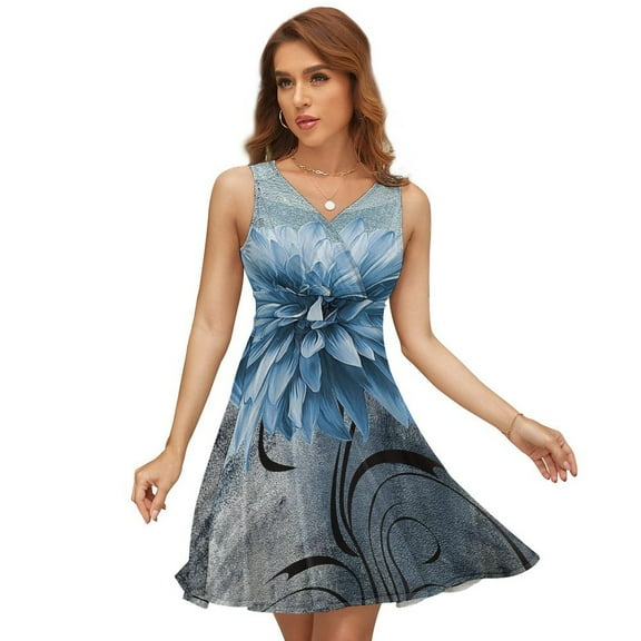 Navy Blue Flower Dress Fashion Beach Long Dresses Female Party Printed Sundress