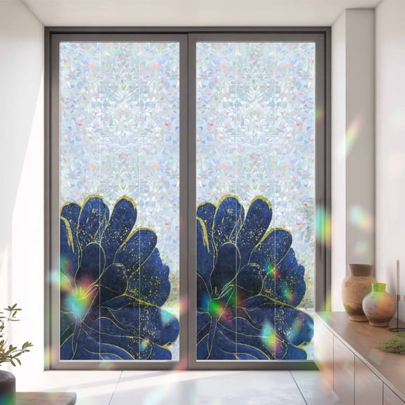 Navy Blue Flower Gold Edge Window Privacy Film,Decorative Windows Static Cling Abstract Floral Heat Control Removable Glass Sticker for Home Bathroom Bedroom Window Door,35x79in