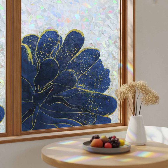Navy Blue Flower Gold Edge Window Privacy Film,Heat Control Sun Blocking Static Cling Rainbow Film,Abstract Floral Non-Adhesive Glass Sticker Door Window Tint,17.7" x 39.3"