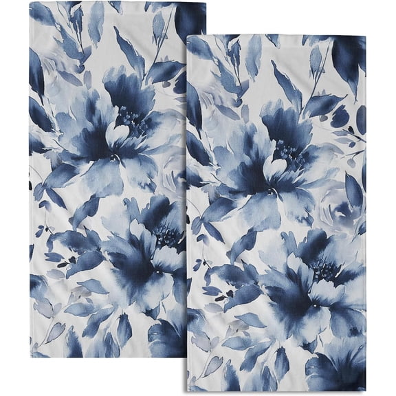 Navy Blue Flower Hand Towels Set of 2, Modern Ink Floral Face Towel 26X18 inch, Watercolor Botanical Floral Kitchen Dish Towels Quick Dry Super Absorbent Soft Washcloths for Bathroom Yoga Workout Gym