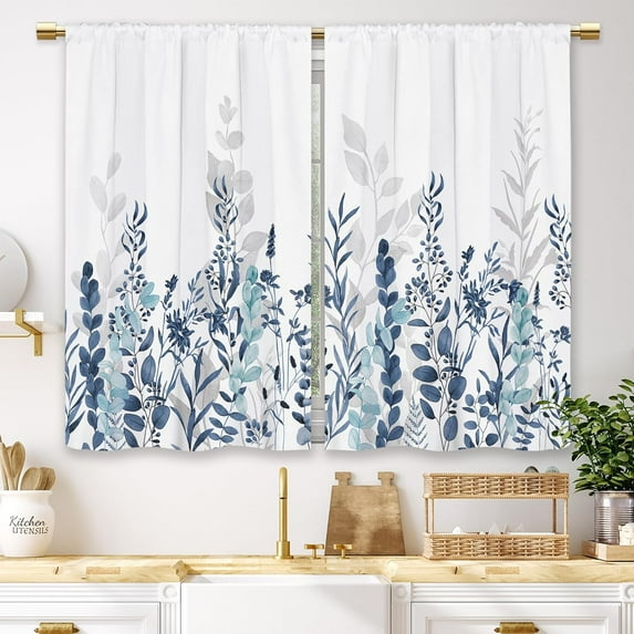 Navy Blue Flower Kitchen Curtains Watercolor Floral Botanical Small Short Cafe Window Curtains Teal and White Plant Rod Pocket Bathroom Drapes Treatment Tier Curtains 2 Panels (27.5x36 Inch)