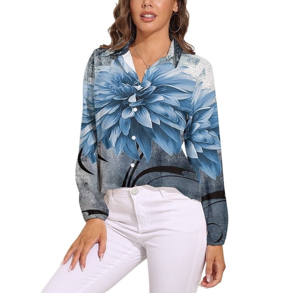 Navy Blue Flower Long Sleeve Blouse Woman Streetwear Casual Shirts Summer Oversize Woman Streetwear Clothing Birthday Present