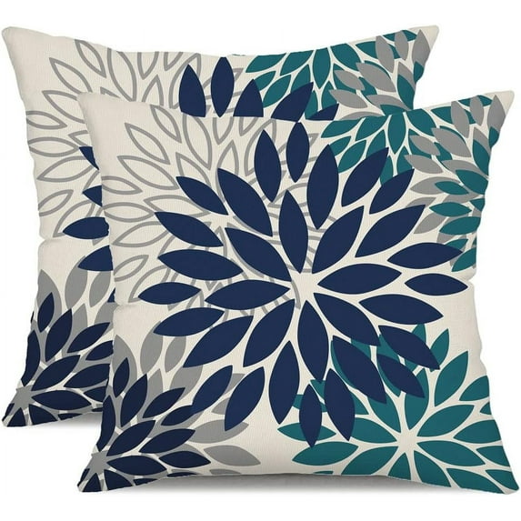 Navy Blue Flower Pillow Covers 16x16 Inch Set of 2 Outdoor Throw Pillows Outdoor Waterproof Decor for Living Room Sofa Patio Funiture Garden Floral Polyester Pillow Covers 002X