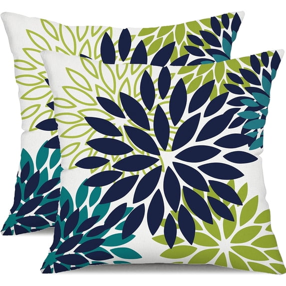 Navy Blue Flower Pillow Covers 18x18 Inch Set of 2 White Gray Colored Throw Pillows Outdoor Waterproof Decor for Living Room Sofa Patio Funiture Garden Floral Polyester Pillow Covers 002P