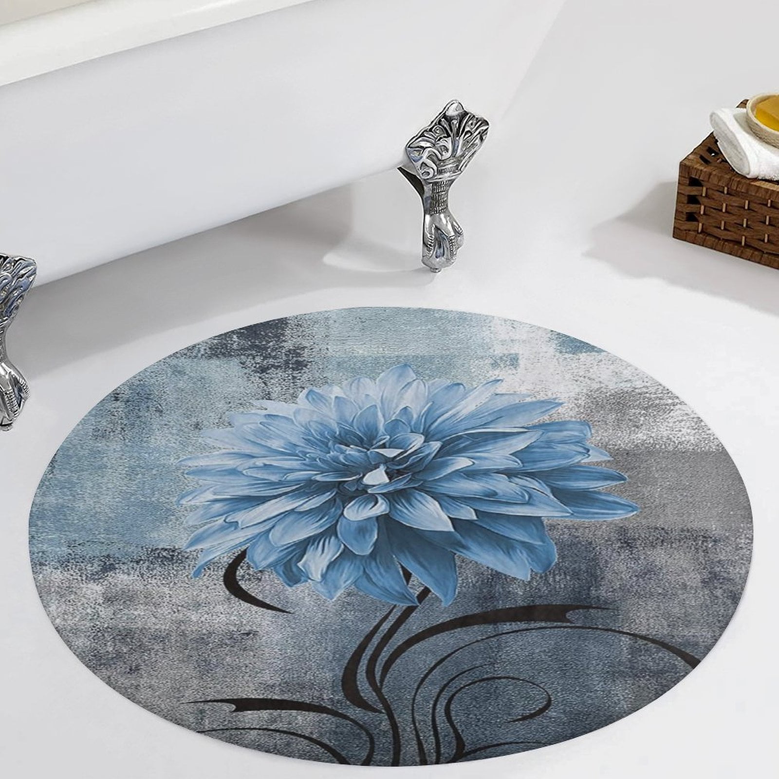 Navy Blue Flower Round Carpet Circle Rug Outdoor Patio Area Rug ...