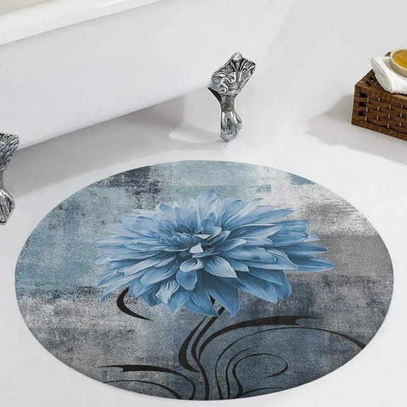 Navy Blue Flower Round Carpet Circle Rug Outdoor Patio Area Rug Washable Large Area Rugs Hallway Room Decor Fitness Mats