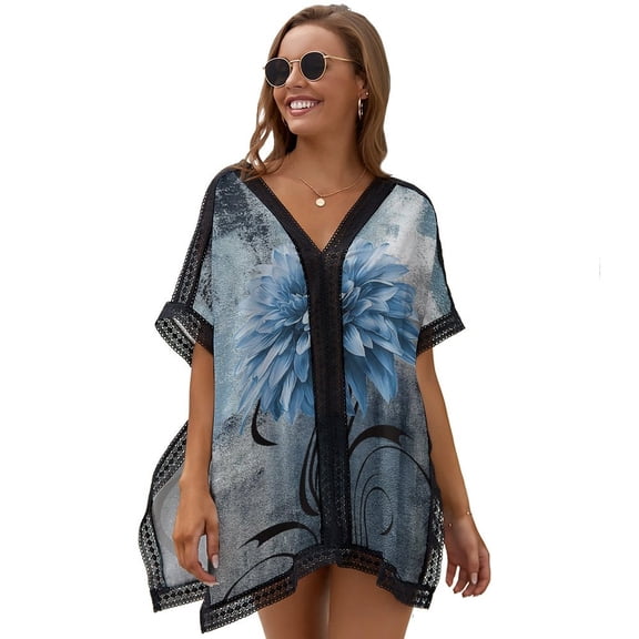 Navy Blue Flower Women's Swimsuit Coverup Summer Beach Cover Up Bathing Suit Dress