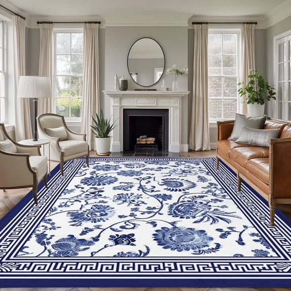 Navy Blue Flowers 5'x7' Rug for Living Room Sofa and Coffee Table Layout, Floral Geometric Classic Traditional Border Washable Non Slip Rectangle Area Rug