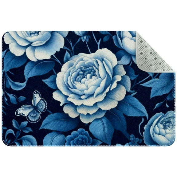 Navy Blue Flowers Aesthetic Pattern Small Area Rug, Non-Slip Door Mat Indoor Floor Mat, Washable Kitchen Rug Entrance Door Mat for Bedroom Living Room