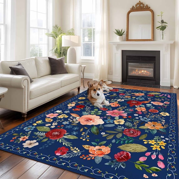 Navy Blue Flowers Area Rug 5x8 FT, Non Slip Bedroom Throw Carpet, Spring Vintage Floral Leaves Farmhouse Washable Soft Floor Carpet Non-Shedding Rug for Living Room Nursery Dorm Office