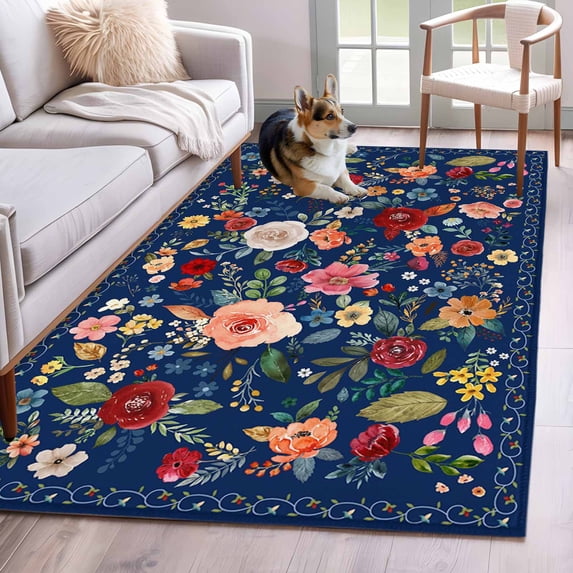Navy Blue Flowers Area Rugs 2.7'x5', Washable Small Throw Rugs for Kitchen Bedroom, Spring Vintage Floral Leaves Farmhouse Indoor Outdoor Rug Non-Slip Low Pile Carpet Runner Reversible Floor Mats