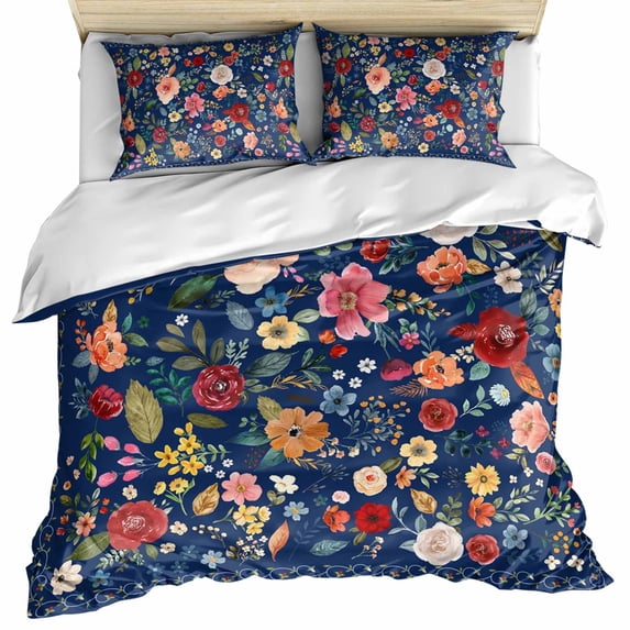 Navy Blue Flowers Bedding 3 Piece Duvet Cover Set Full Size, Spring Vintage Floral Leaves Farmhouse Soft Microfiber Comforter Cover with Zipper Closure & Pillowcases, FadeResistant Quilt Cover