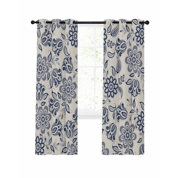 Navy Blue Flowers Blackout Curtains, Light Blocking Print Window Curtains, Retro Ethnic Floral Pastoral Art Thermal Insulated Window Drapes for Living Room Kitchen Cafe 2 Panels, 84"W x 84"L