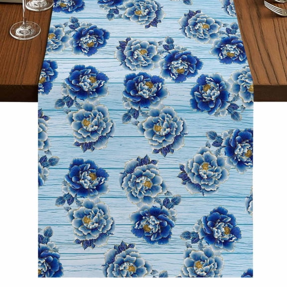 Navy Blue Flowers Burlap Cotton Table Runner 13x36 Inches Short, Sky Blue Summer Rustic Wood Grain Farmhouse Table Runners, Outdoor Dining Table Decor for Baby Shower/Party/Wedding