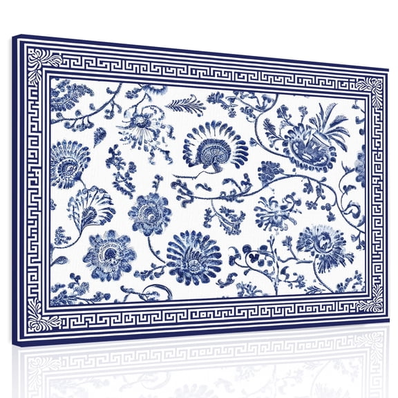 Navy Blue Flowers Canvas Print Wall Art, Floral Geometric Classic Traditional Border Wall Decor Modern Artwork Paintings Pictures for Living Room Framed and Stretched Ready to Hang 24" x 32"