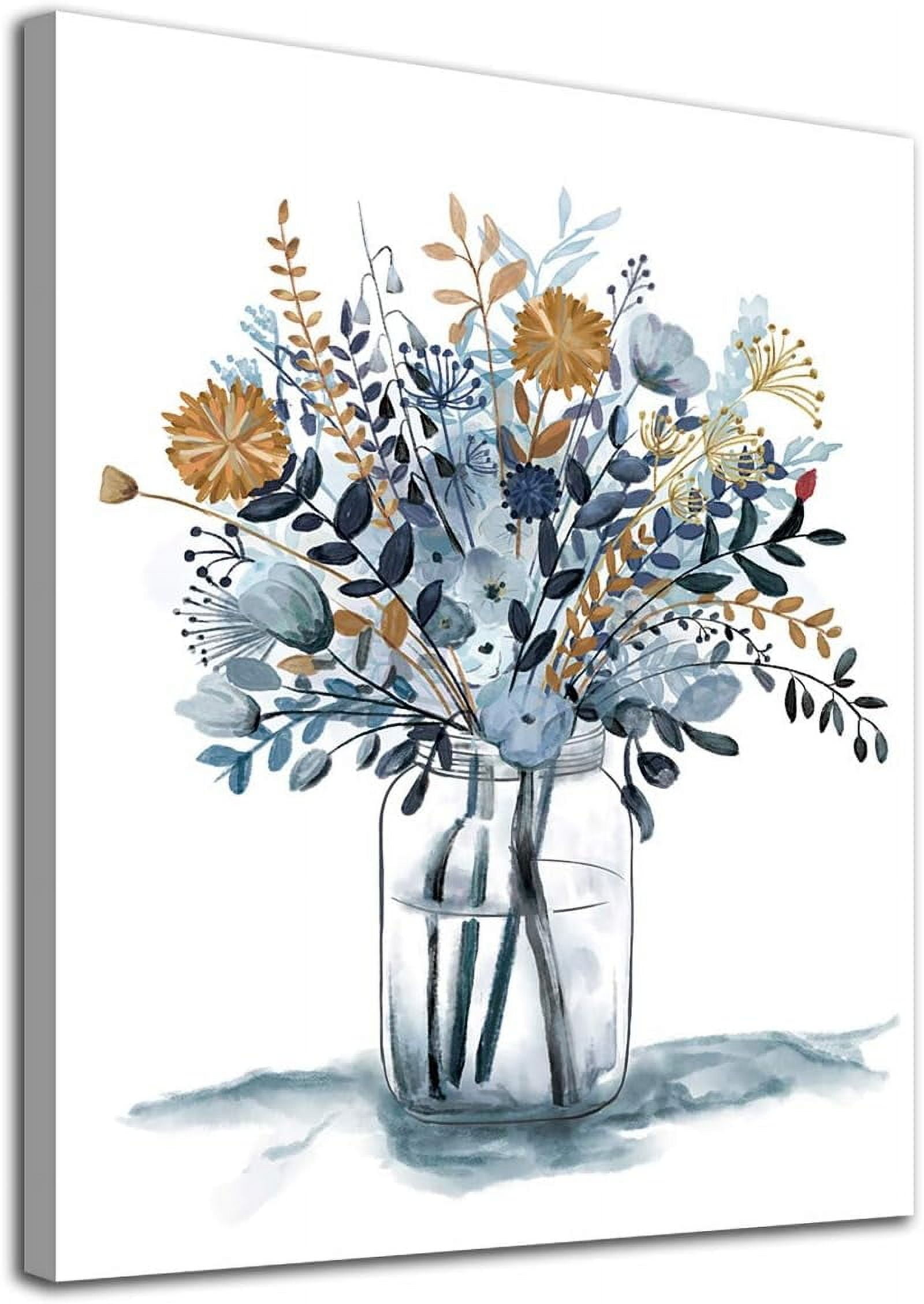 Navy Blue Flowers Canvas Wall Art Bedroom Wall Decor Minimalistic Bouquet Canvas Pictures Blossom Watercolor Artwork for Living Room Bathroom Home Office Decoration Indigo Floral Canvas 12 x 16