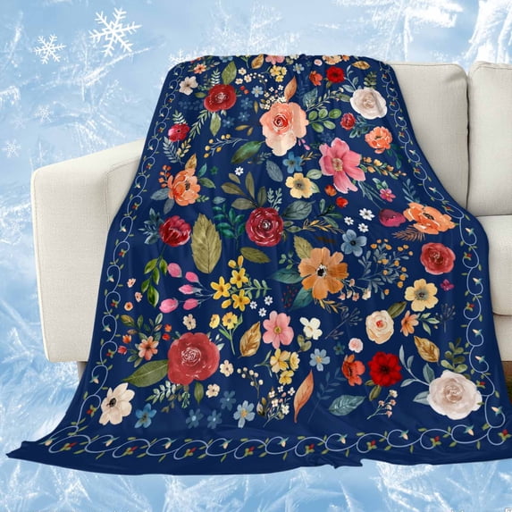 Navy Blue Flowers Cooling Blanket,Lightweight Breathable Summer Throw Blanket with Double Sided Cold Effect,Spring Vintage Floral Leaves Farmhouse Picnic Blankets Bed Sheet for Hot Sleepers 50"x60"