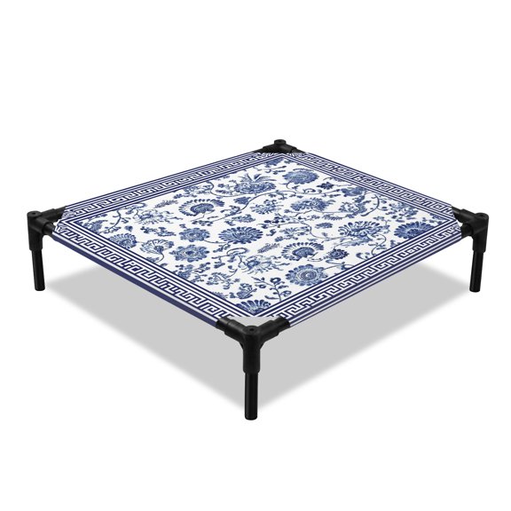 Navy Blue Flowers Elevated Dog Bed, Floral Geometric Classic Traditional Border Cooling Breathable Outdoor Raised Dog Cot Bed with Metal Frame Non-Slip Feet for Small Dog 20x20in