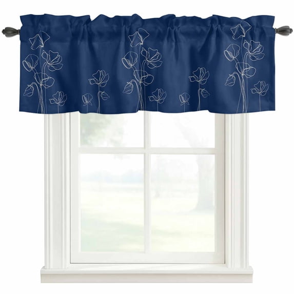 Navy Blue Flowers Farmhouse Short Window Curtain Valances, Rustic Abstract Floral Simple Art Rod Pocket Kitchen Valances for Living Room Bedroom Bathroom Cafe 54" x 18"
