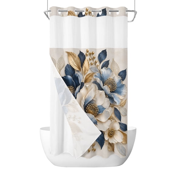 Navy Blue Flowers No Hook Shower Curtain and Snap in Liner Set, Vintage White Anemones Gold Leaf 3d Floral Waterproof Shower Curtain Liner Set with Mesh Top Window Weighted for Bathroom 36x78in
