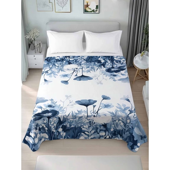 Navy Blue Flowers King Size Flat Sheet, Wrinkleproof & Fadeproof Cooling Flat Bed Sheet Only, Summer Pastoral Botanical Breathable Soft Bedding Top Sheets 105 x 98 Inches