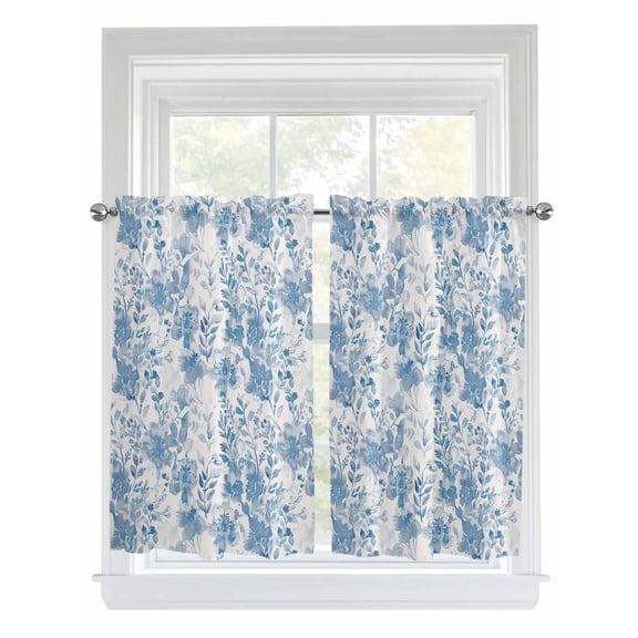 Navy Blue Flowers Kitchen Curtains 45 Inch Length, Watercolor Summer Botanical Floral Rod Pocket Light Filtering Window Curtains Living Room Bedroom Curtain Drapes Cafe Curtain 52''x45''x2